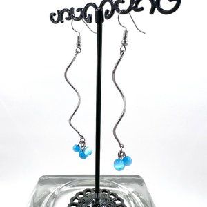 Blue Cats Eye Beaded Long Silver Tone Spiral Fishhook Earrings